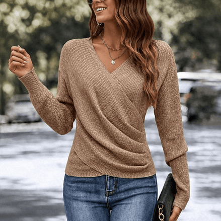 Women's Cinchable Crossover Wrap V-Neck Knitted Jumper with Side Gather