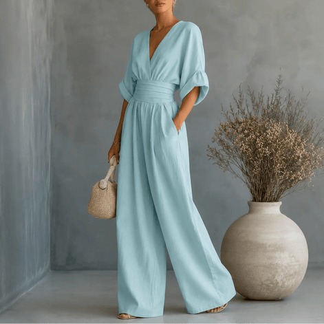 V-Neck Wide-Leg Jumpsuit with Pleated Waist Sash