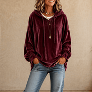 Women's Ruffle Cuff Velvet Relaxed Hoodie with High-Low Hem