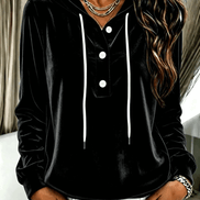 Women's Long-Sleeve Velvet Hoodie with Button Placket and Drawstring