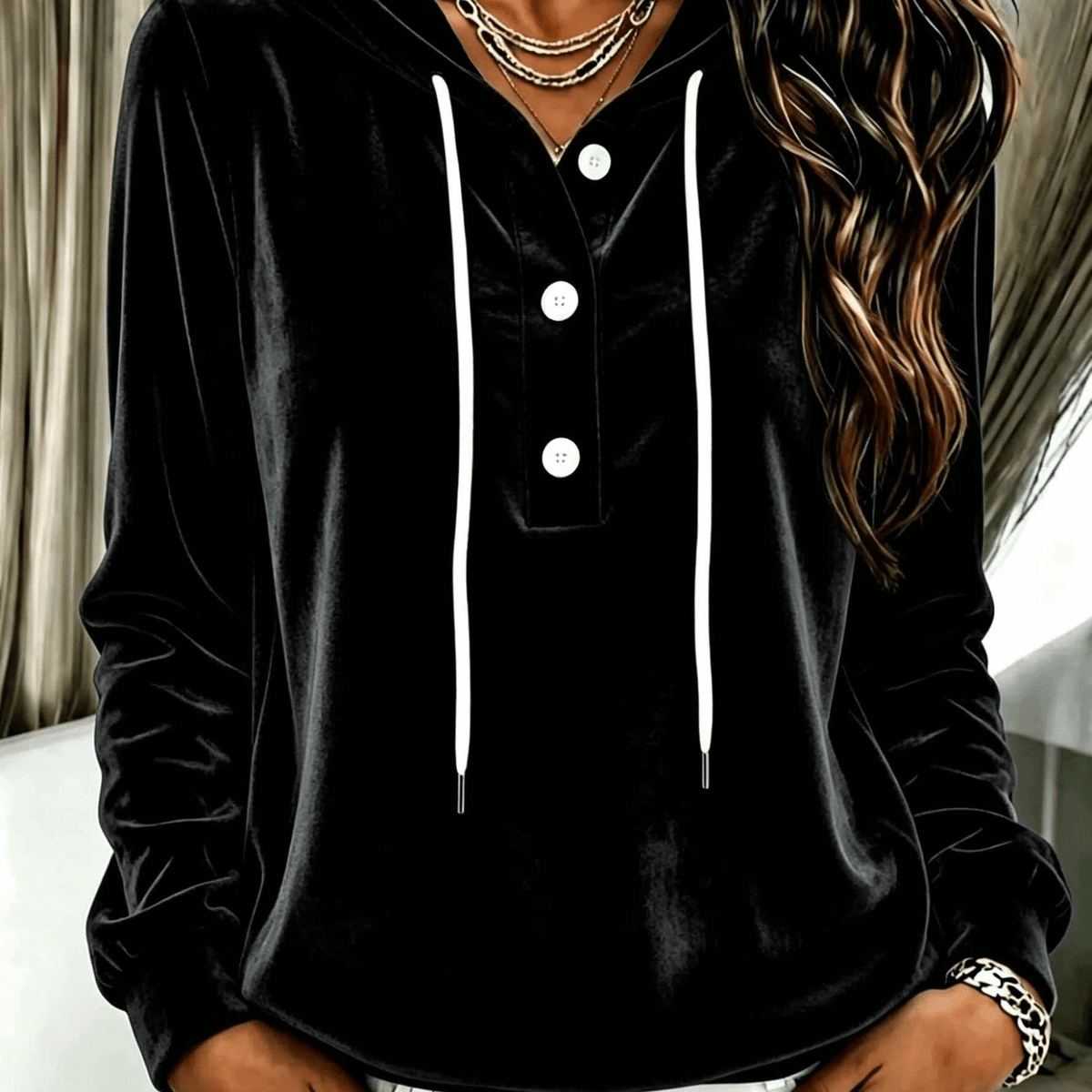 Women's Long-Sleeve Velvet Hoodie with Button Placket and Drawstring