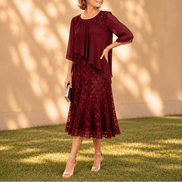 Elavine Lace Overlay Chiffon Women's Midi Dress with Sheer Sleeves