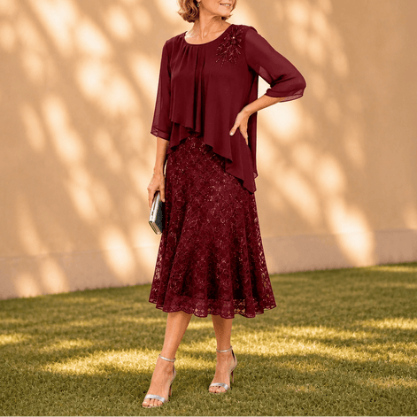 Elavine Lace Overlay Chiffon Women's Midi Dress with Sheer Sleeves