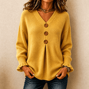 Women's Ribbed V-Neck Knitted Jumper with Button Detail