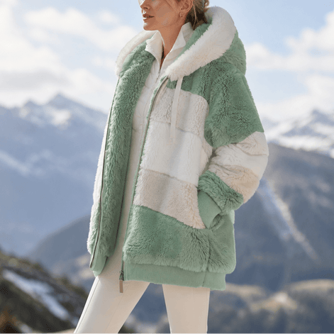 Women's Oversized Color-Block Faux Fur Winter Coat with Hood