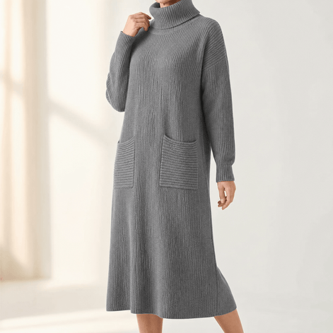 Women's Relaxed Turtleneck Knitted Jumper Dress with Pockets