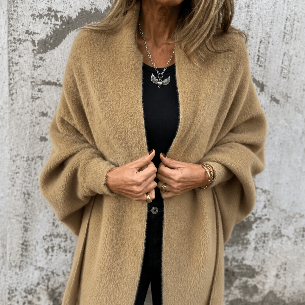 Women's Fringed Draped Shawl Collar Open-Front Wool Wrap Coat for Winter