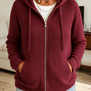 Women's Ribbed Zip-Up Hooded Knit Cardigan with Drawstring Hood