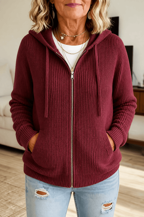 Women's Ribbed Zip-Up Hooded Knit Cardigan with Drawstring Hood