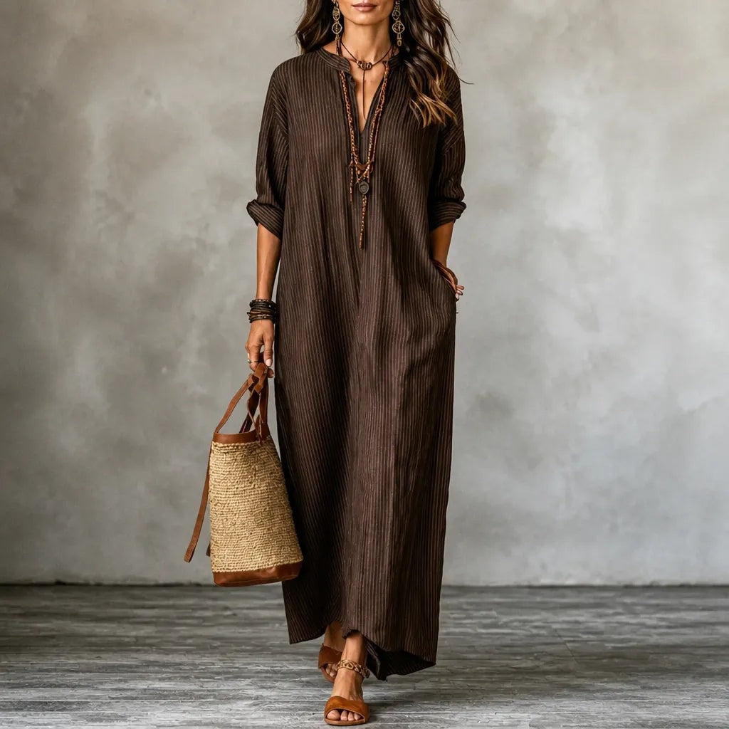 Striped V-Neck Maxi Dress with Pockets and Long Sleeves