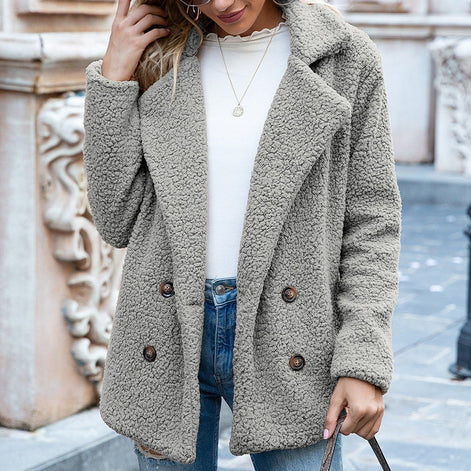 June Teddy Double-Breasted Winter Coats Women Cozy Fleece Jacket