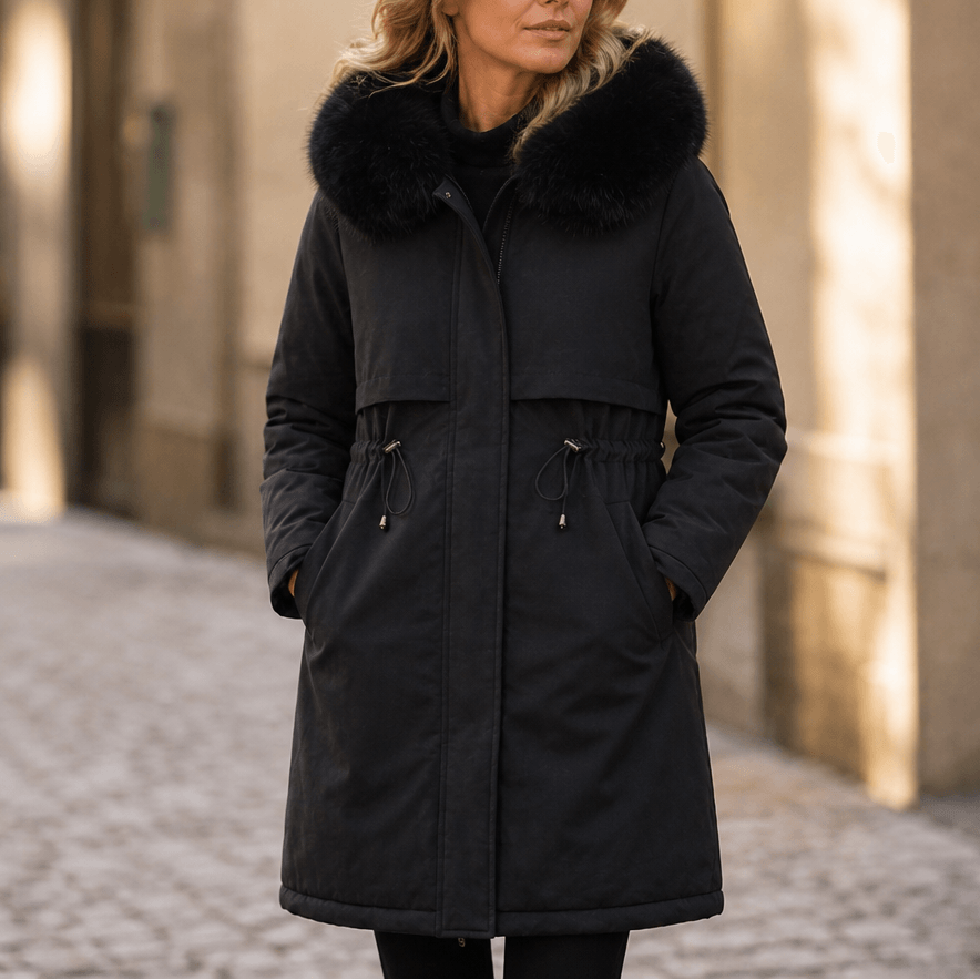 Velora Hooded Mid-Length Faux-Fur Trim Winter Coat for Women
