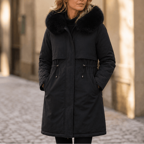 Velora Hooded Mid-Length Faux-Fur Trim Winter Coat for Women