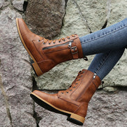 Hazel Faux Leather Combat Boots with Side Zip and Buckle Detail for Women