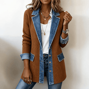 Women's Ribbed Knit Cardigan Coat with Denim Panel Trim