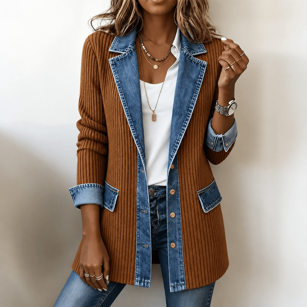 Women's Ribbed Knit Cardigan Coat with Denim Panel Trim