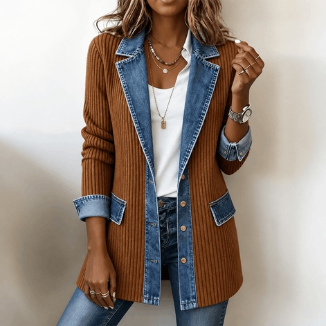 Women's Ribbed Knit Cardigan Coat with Denim Panel Trim