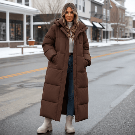 Women's Long Hooded Quilted Puffer Jacket with Side Pockets