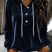 Women's Long-Sleeve Velvet Hoodie with Button Placket and Drawstring
