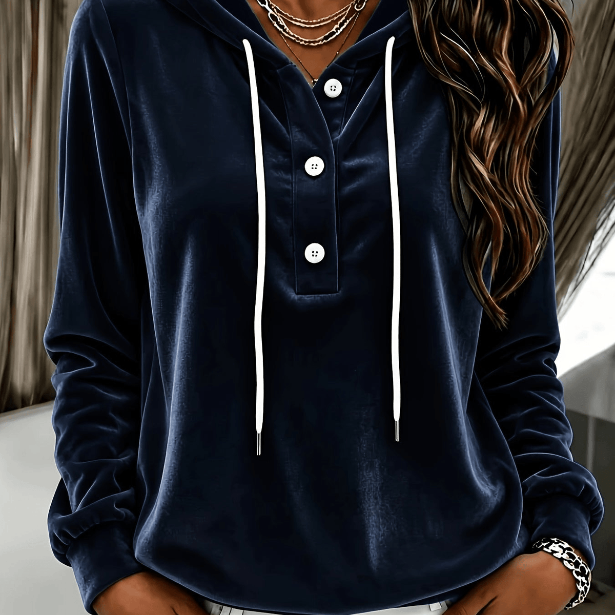 Women's Long-Sleeve Velvet Hoodie with Button Placket and Drawstring