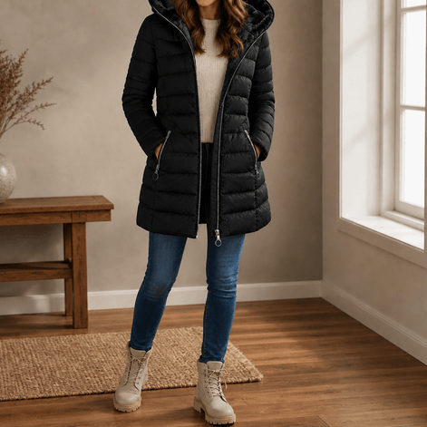 Women's Plush-Lined Hooded Longline Quilted Puffer Jacket
