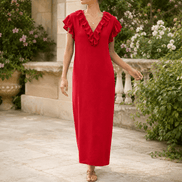 Ruffled V-Neck Linen-Cotton Women's Midi-to-Maxi Dress with Pockets