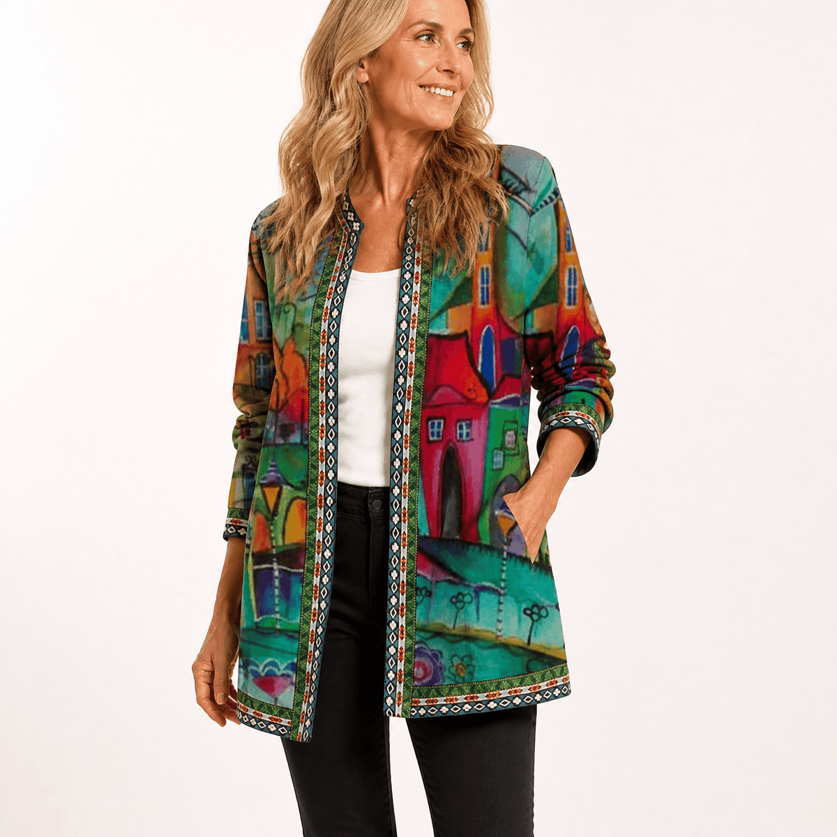 Patrice Art-Print Open-Front Jacket with Embellished Trim