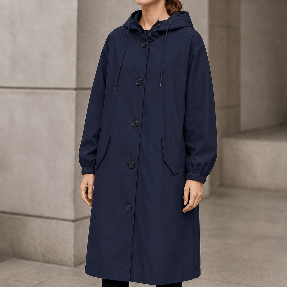 Women's Hooded Midi Coat with Drawstring Waist