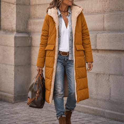 Reversa Women's Reversible Hooded Longline Winter Coat with Sherpa Lining