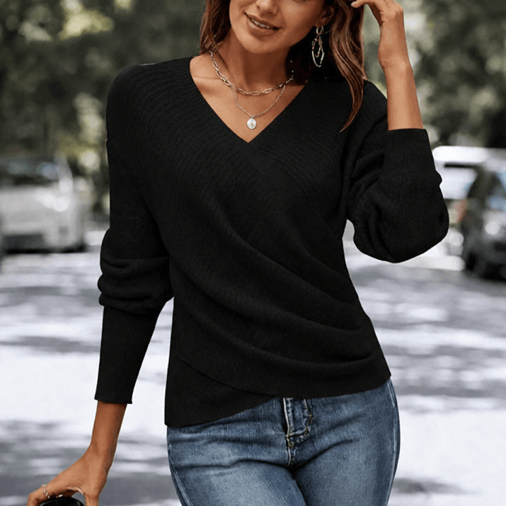 Women's Cinchable Crossover Wrap V-Neck Knitted Jumper with Side Gather