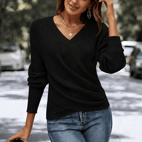 Women's Cinchable Crossover Wrap V-Neck Knitted Jumper with Side Gather