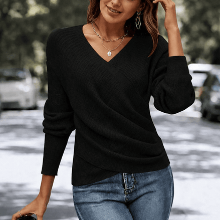 Women's Cinchable Crossover Wrap V-Neck Knitted Jumper with Side Gather