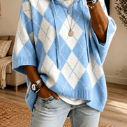 Women's Hooded Argyle Batwing Poncho Knit Jumper