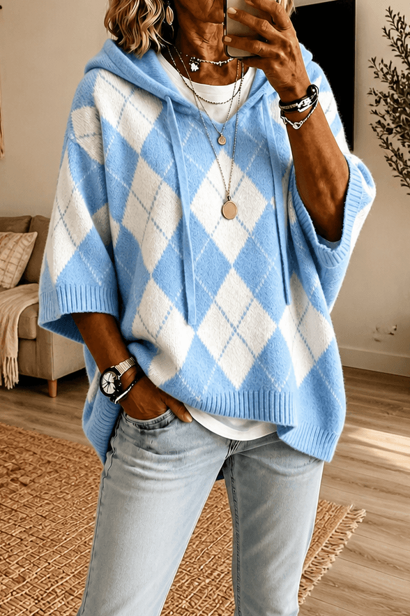 Women's Hooded Argyle Batwing Poncho Knit Jumper