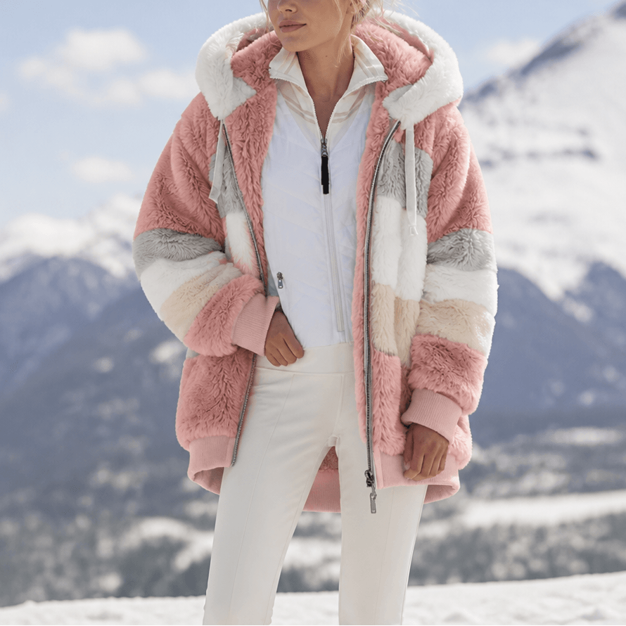 Women's Oversized Color-Block Faux Fur Winter Coat with Hood