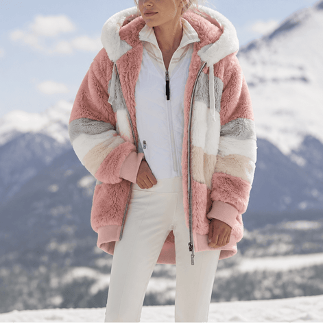 Women's Oversized Color-Block Faux Fur Winter Coat with Hood