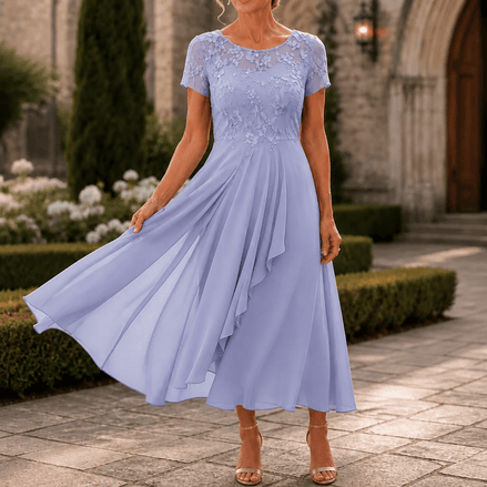 Women's Lace Bodice Chiffon Dress with Ruffled Hem