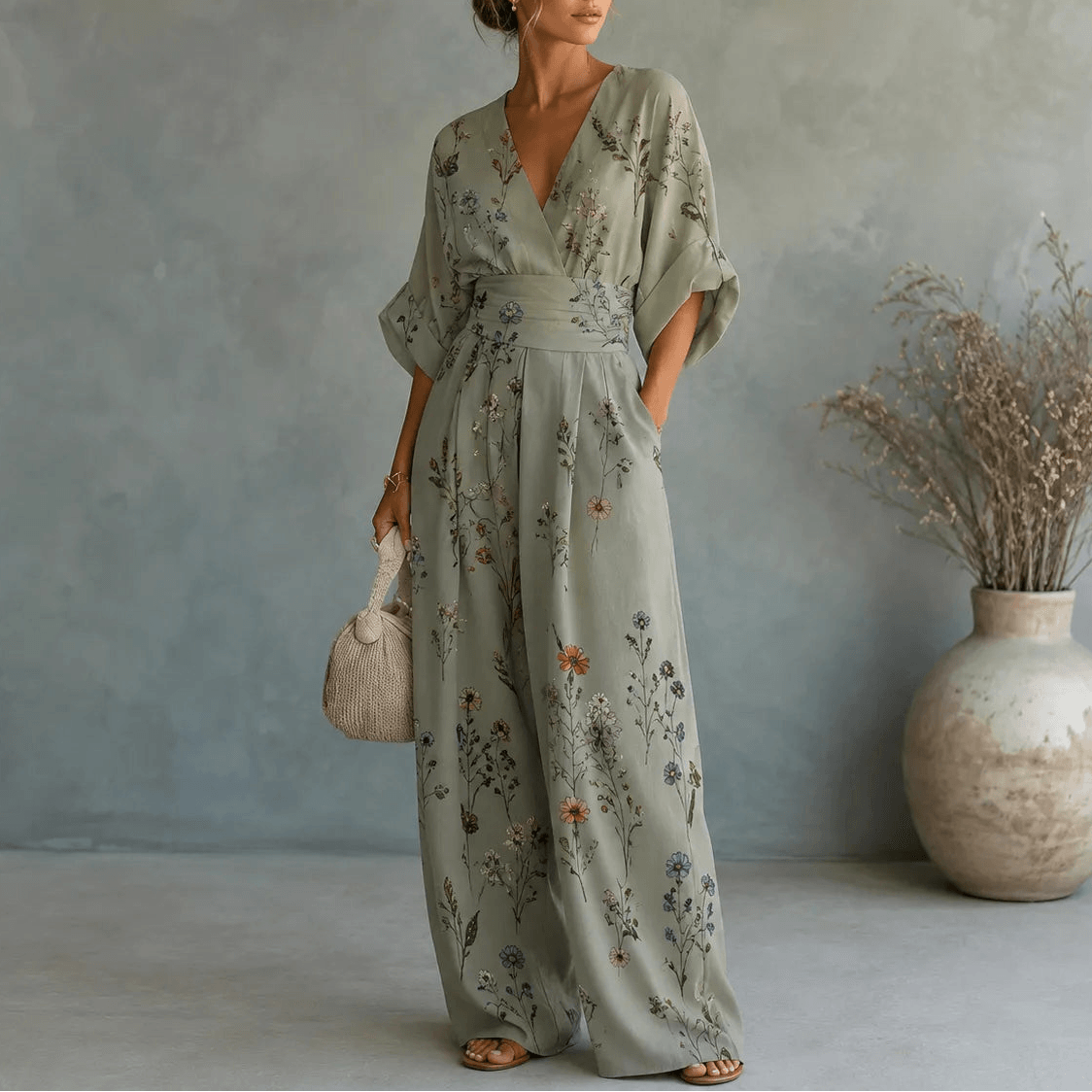 Floral Print Wide-Leg Jumpsuit with Tie Waist and Pockets