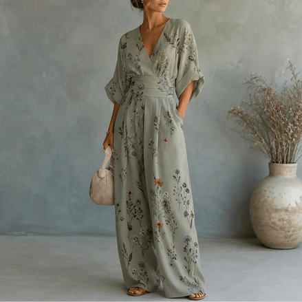 Floral Print Wide-Leg Jumpsuit with Tie Waist and Pockets