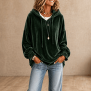 Women's Ruffle Cuff Velvet Relaxed Hoodie with High-Low Hem
