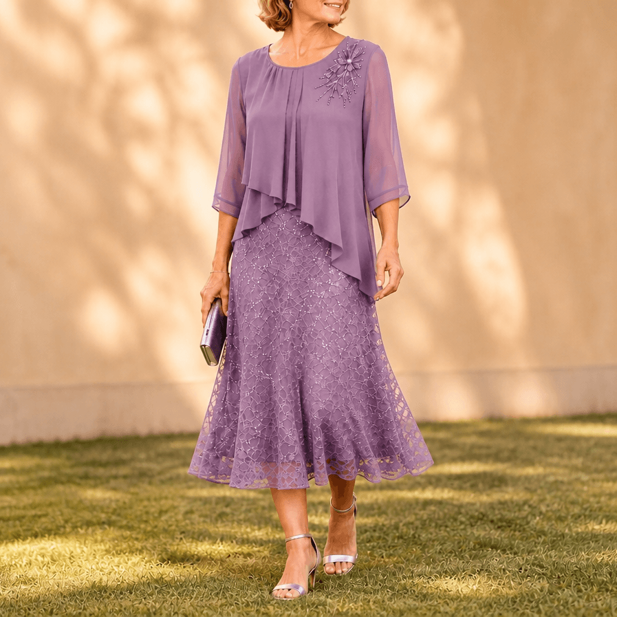 Elavine Lace Overlay Chiffon Women's Midi Dress with Sheer Sleeves
