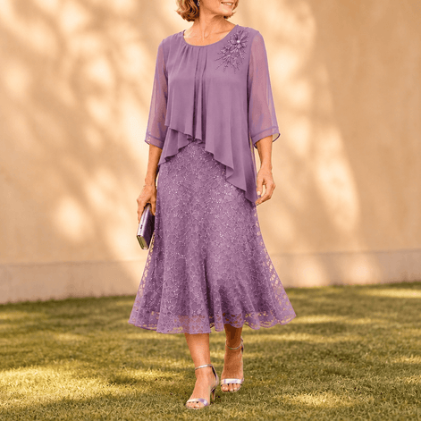 Elavine Lace Overlay Chiffon Women's Midi Dress with Sheer Sleeves