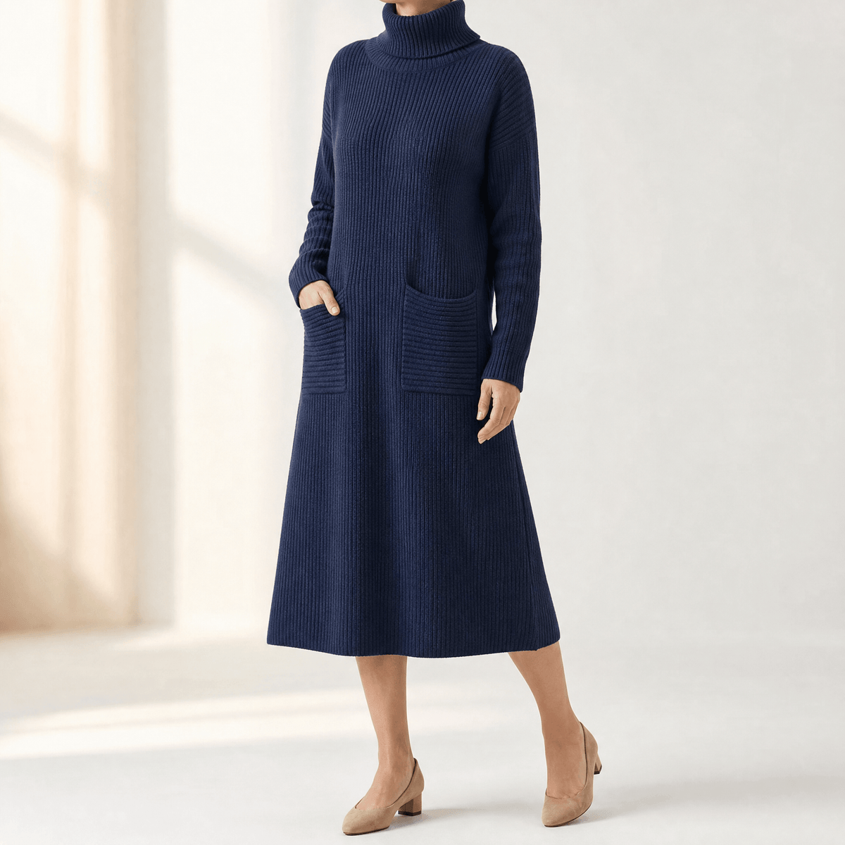 Women's Relaxed Turtleneck Knitted Jumper Dress with Pockets