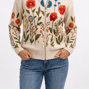 Women's Botanical Print Zip-Up Knit Bomber Cardigan