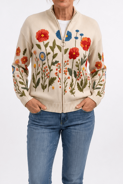 Women's Botanical Print Zip-Up Knit Bomber Cardigan