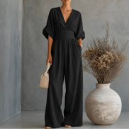 V-Neck Wide-Leg Jumpsuit with Pleated Waist Sash