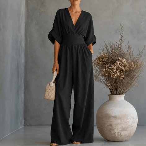 V-Neck Wide-Leg Jumpsuit with Pleated Waist Sash