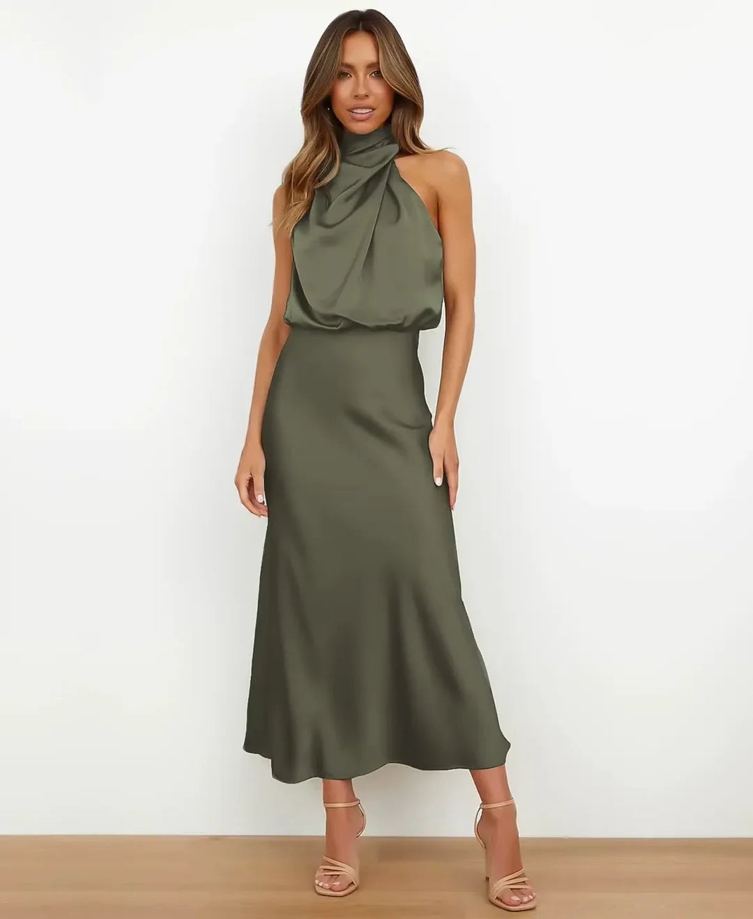 Satin Halter Neck Midi Dress for Christmas Party Occasions in Apricot