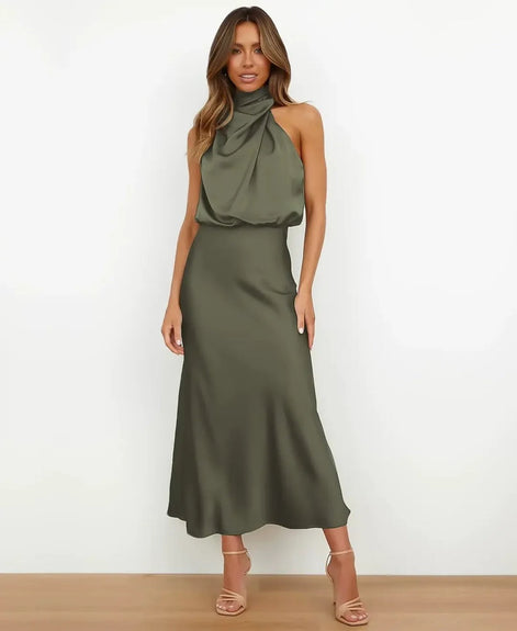 Satin Halter Neck Midi Dress for Christmas Party Occasions in Apricot