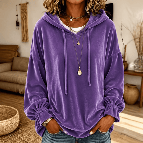 Women's Ruffle Cuff Velvet Relaxed Hoodie with High-Low Hem